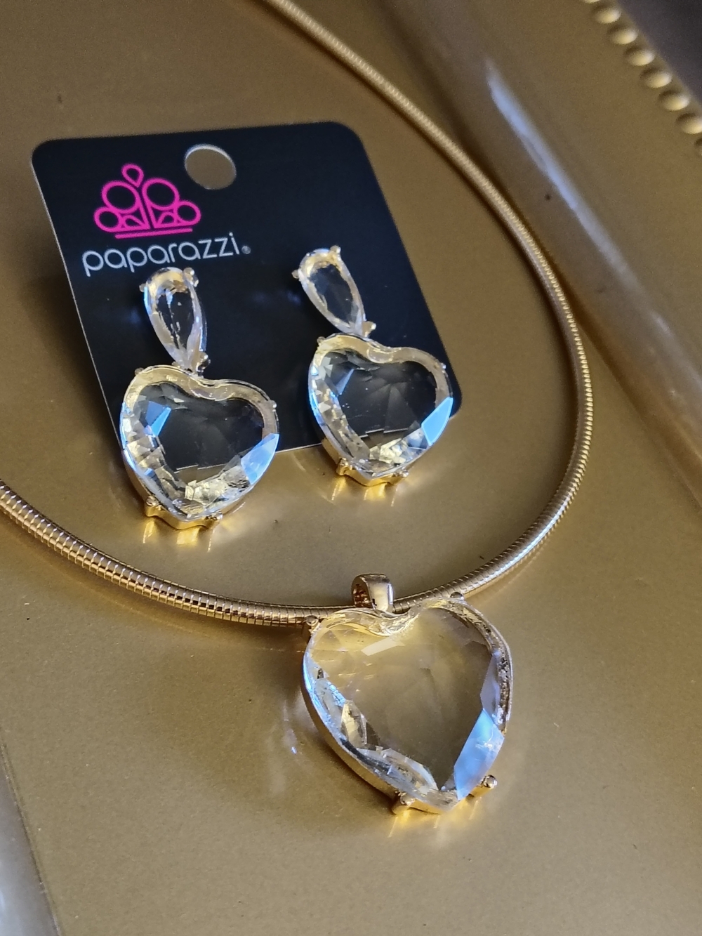 Paparazzi Gold Clear Heart Pendant Necklace and Earrings Set